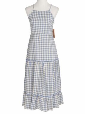 Nanette Lepore Blue Yellow Gingham Check Tiered Spaghetti Strap Coastal Sundress